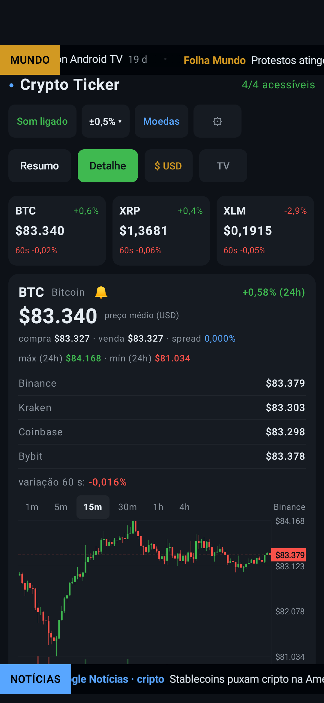 Um ticker cripto grátis sem anúncios